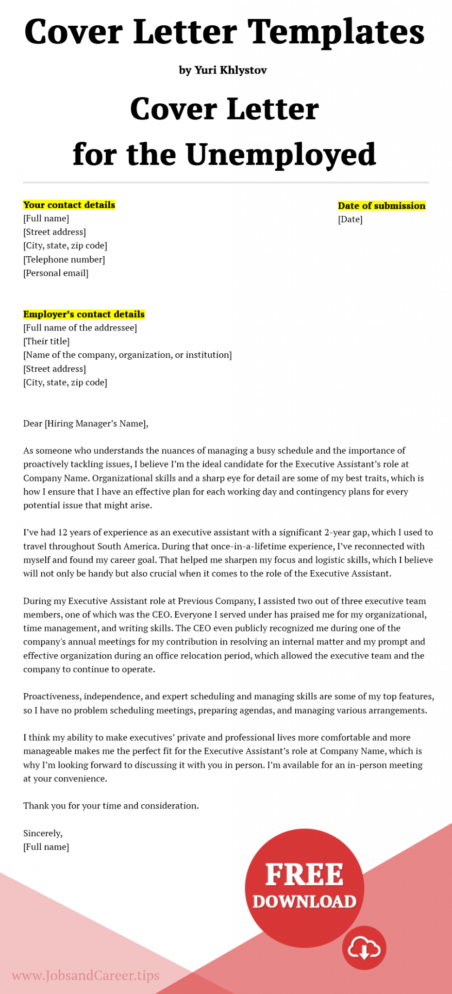Click to download the cover letter template for the unemployed