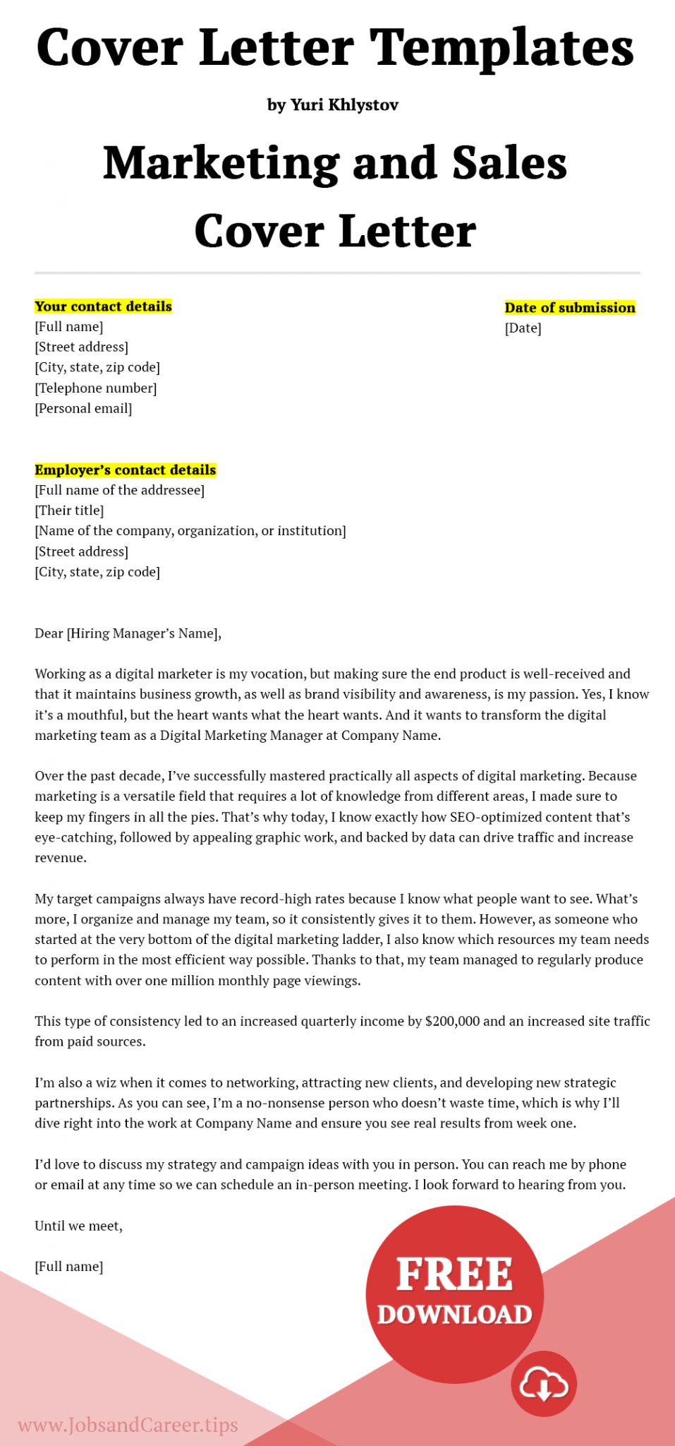 Click to download the marketing and sales cover letter template